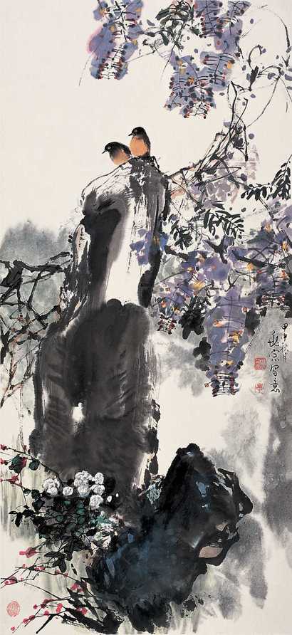 李兆宗 甲申(2004年)作 紫藤小鸟 镜心